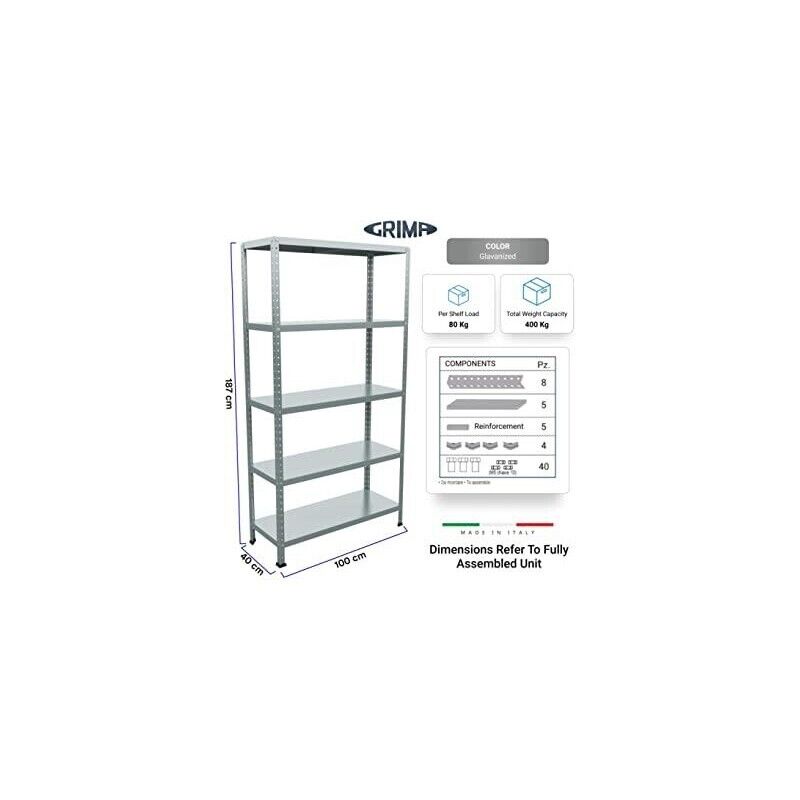 SCAFFALE IN METALLO ZINCATO ETTORE KIT BULLONI 100 X 40 X H187 CM CON 5 SCAFFALI
