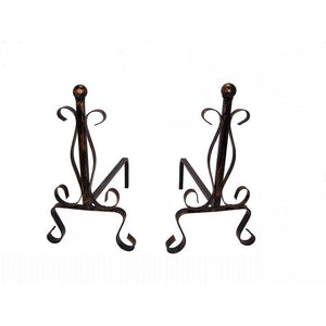 COPPIA DI ALARI IN FERRO BATTUTO CON POMOLO IN OTTONE 20 X 50 X H34 CM