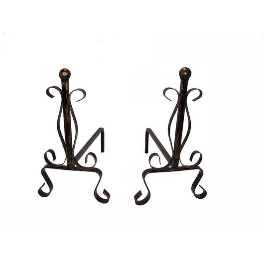 COPPIA DI ALARI IN FERRO BATTUTO CON POMOLO IN OTTONE 20 X 50 X H34 CM