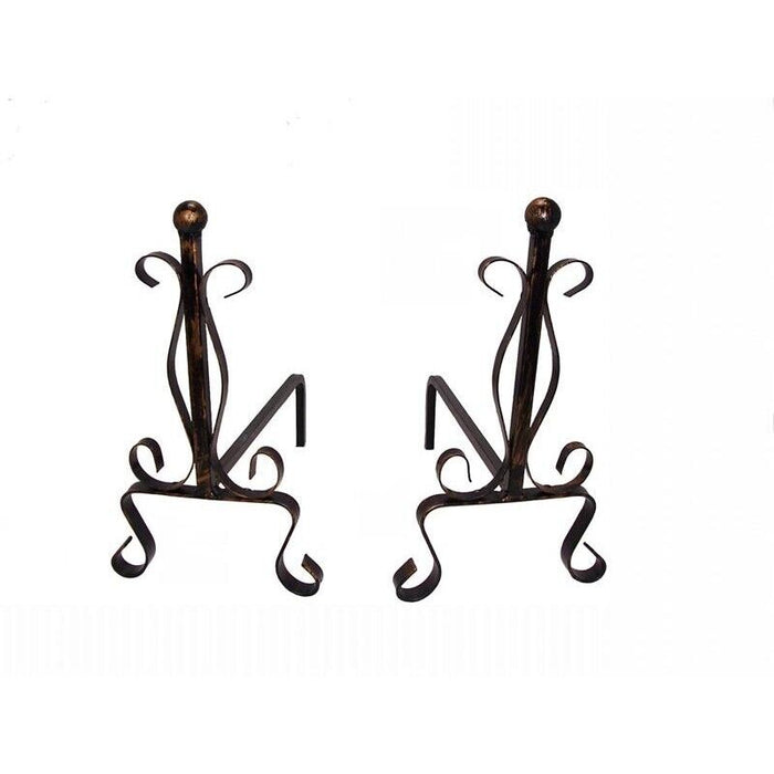 COPPIA DI ALARI IN FERRO BATTUTO CON POMOLO IN OTTONE 20 X 50 X H34 CM