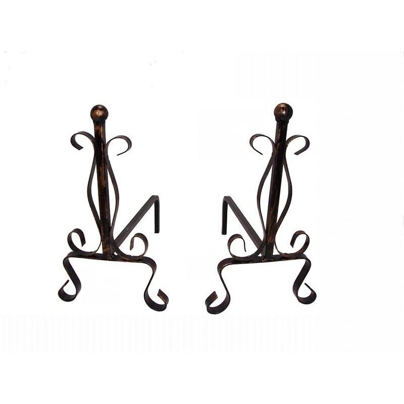 COPPIA DI ALARI IN FERRO BATTUTO CON POMOLO IN OTTONE 20 X 50 X H34 CM