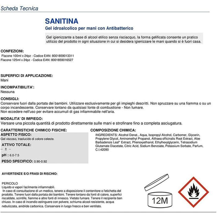 2 PEZZI SANITINA GEL MANI IDROALCOLICO SENZA RISCIACQUO CON 60% ALCOOL 125ML