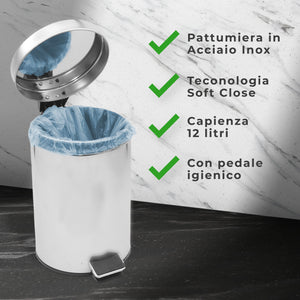 MAURY'S PATTUMIERA INOX TONDA A PEDALE CON TECNOLOGIA SOFT CLOSE 12 LITRI