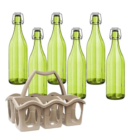 SET PORTA BOTTIGLIE IN PLASTICA + 6 BOTTIGLIE IN VETRO DA 1 LT