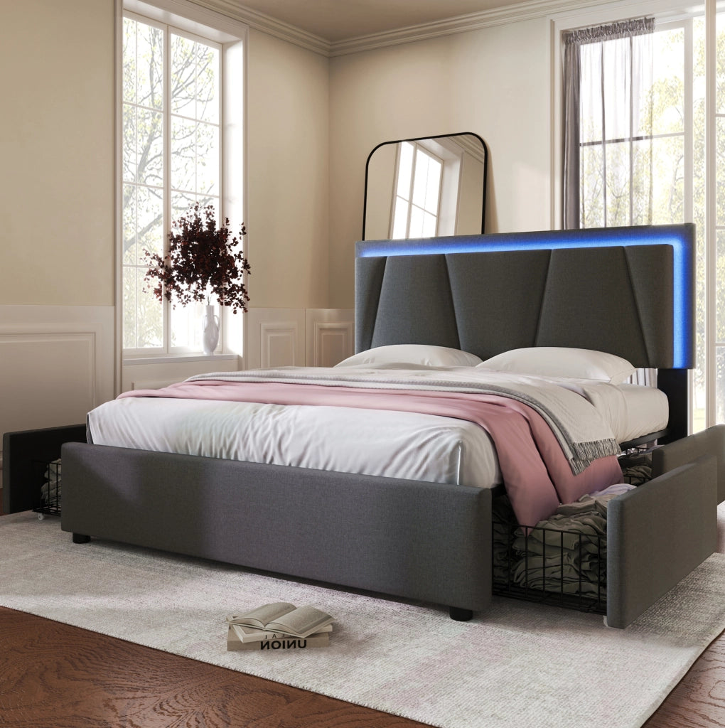 Letto contenitore 140x200 cm con LED; testiera regolabile e 4 cassetti; grigio