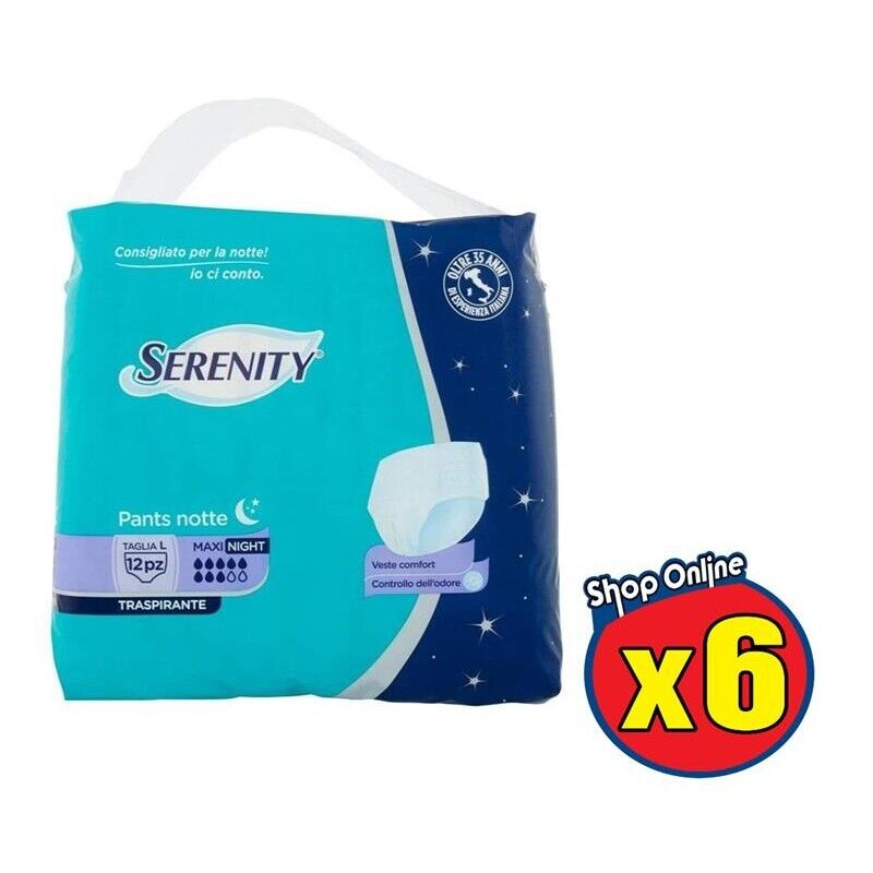 SET 6 SERENITY PANTS NOTTE MUTANDINE ASSORBENTI TRASPIRANTI TAGLIA L 12 PEZZI