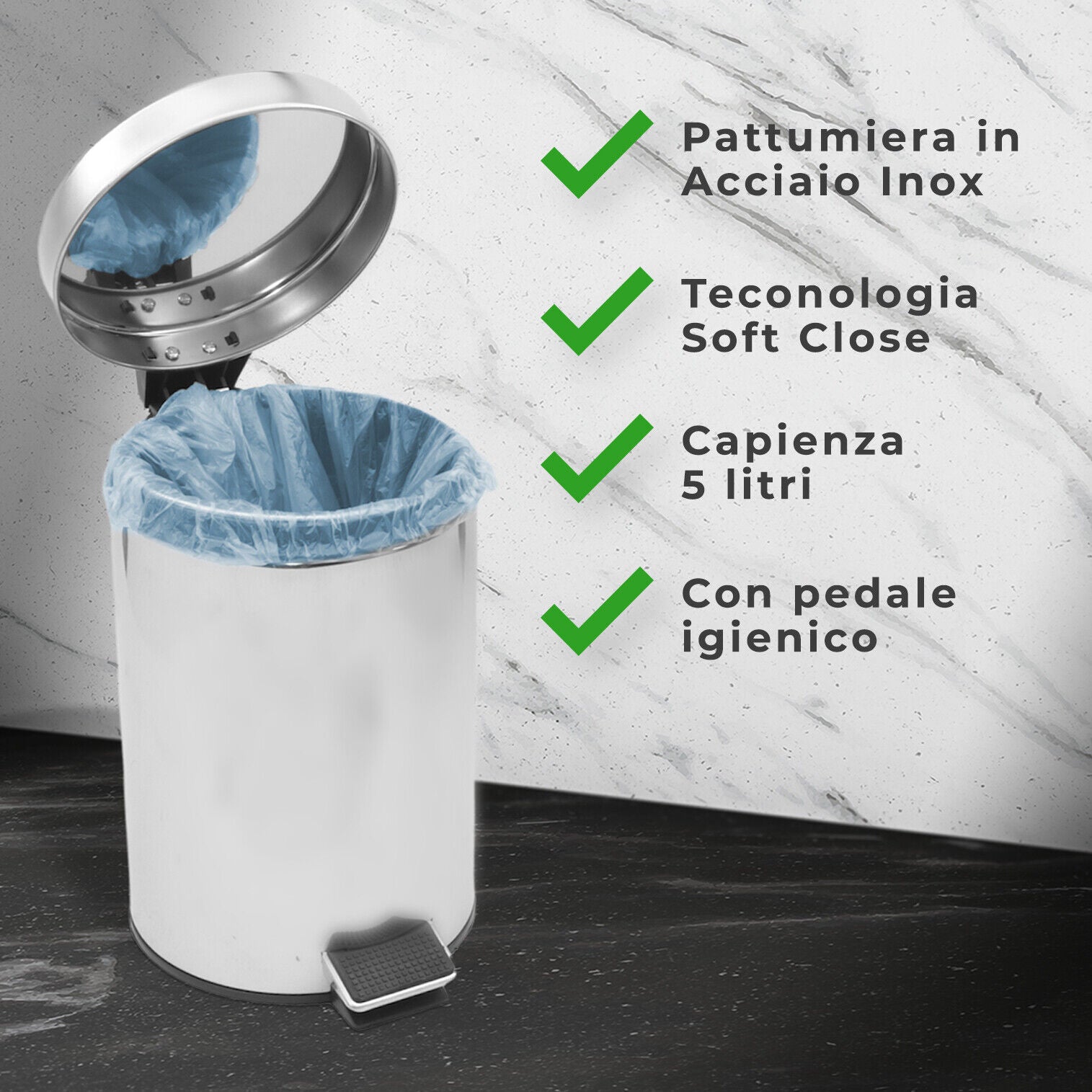 MAURY'S PATTUMIERA INOX TONDA A PEDALE CON TECNOLOGIA SOFT CLOSE 5 LITRI