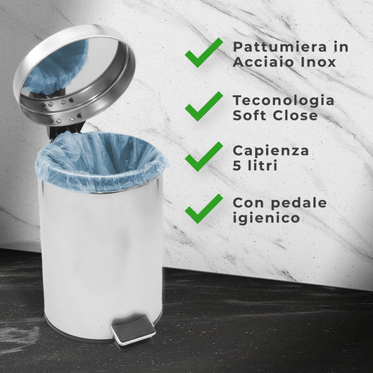 MAURY'S PATTUMIERA INOX TONDA A PEDALE CON TECNOLOGIA SOFT CLOSE 5 LITRI