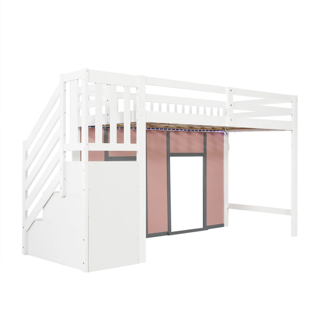 Letto rialzato per bambini 90x200 cm con scala contenitore; area gioco e LED; bianco e rosa