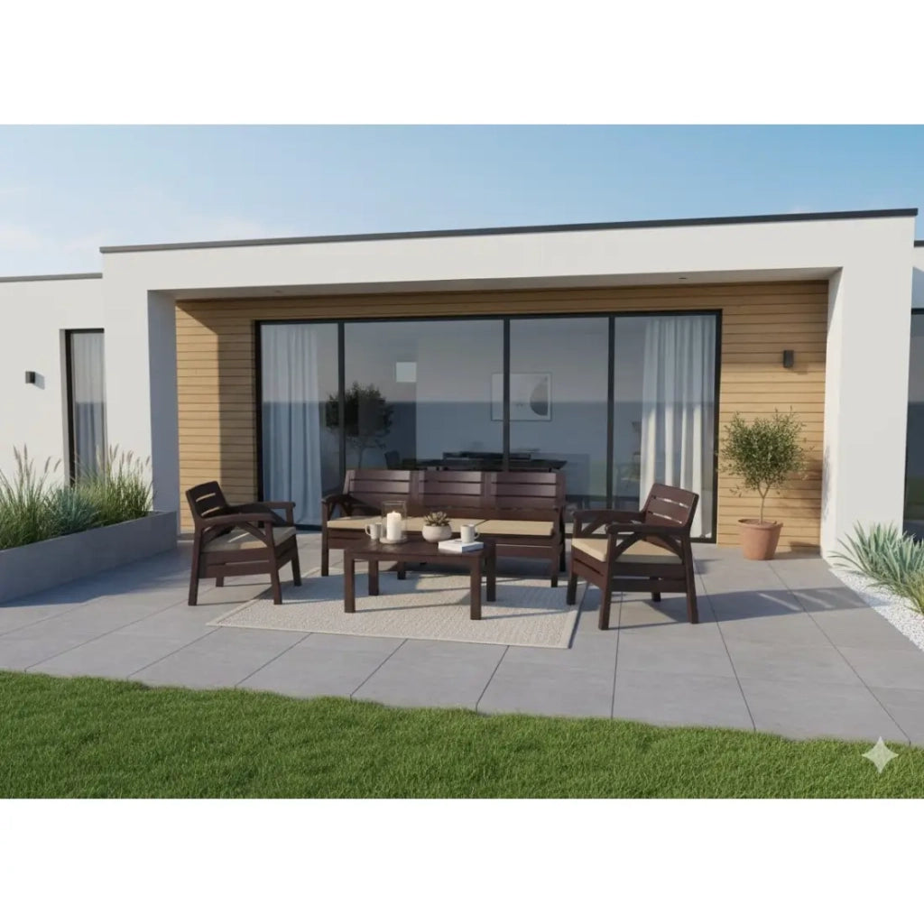 Salotto da giardino SOLVANA 5 posti marrone e beige con divano a 3 posti, poltrone e tavolino