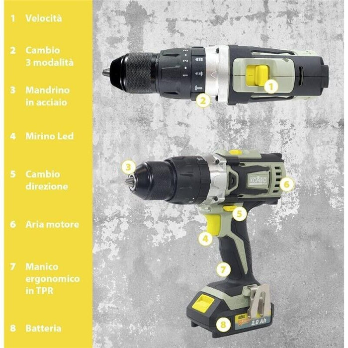 KIT VALIGETTA TRAPANO AVVITATORE KOMBO PRO BATTERIA 20 VOLT 2AH + 13 ACCESSORI