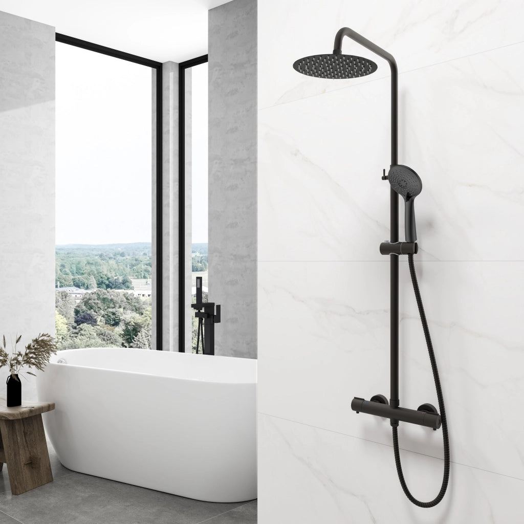 AICA ITALY Sistema Doccia con Miscelatore Termostatico a 38℃, Colonna Doccia Tondo in Acciaio Inox Altezza Regolabile 75-120cm Nero
