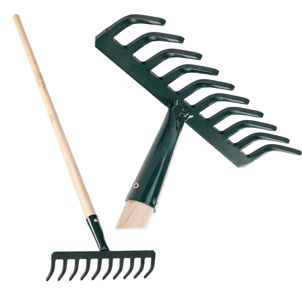 Rastrello per foglie KADAX, per terra ed erba, con manico in legno e 10 denti in metallo, 126 cm.