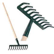 Rastrello per foglie KADAX, per terra ed erba, con manico in legno e 10 denti in metallo, 126 cm.