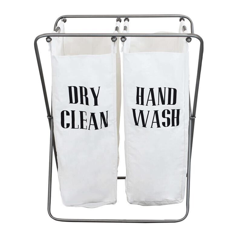 CESTA PORTA BIANCHERIA IN TESSUTO BIANCO E STRUTTURA IN FERRO