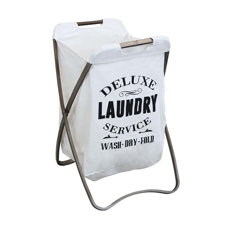 CESTA PORTA BIANCHERIA GILBERT IN TESSUTO BIANCO E STRUTTURA IN FERRO