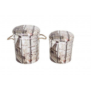 SET DI 2 POUF CONTENITORE TONDI MULTIFUNZIONALI CON STAMPA TORRE EIFFEL