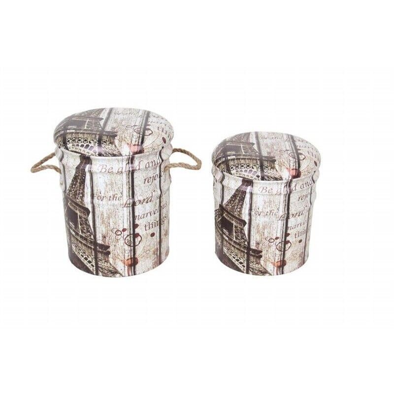 SET DI 2 POUF CONTENITORE TONDI MULTIFUNZIONALI CON STAMPA TORRE EIFFEL