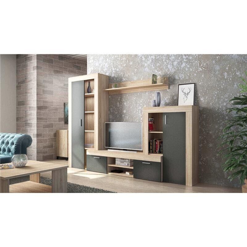 NOBEL PARETE SOGGIORNO ANTRACITE E QUERCIA CHIARO 300 X 35 X H198 CM