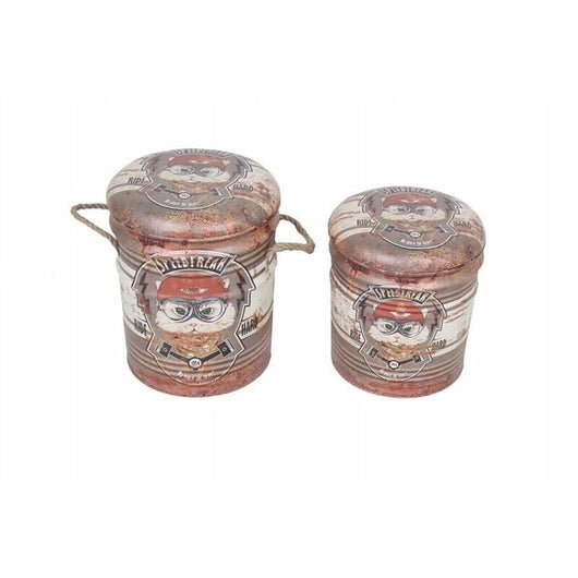 SET DI 2 POUF CONTENITORE TONDI MULTIFUNZIONALI MATTONE