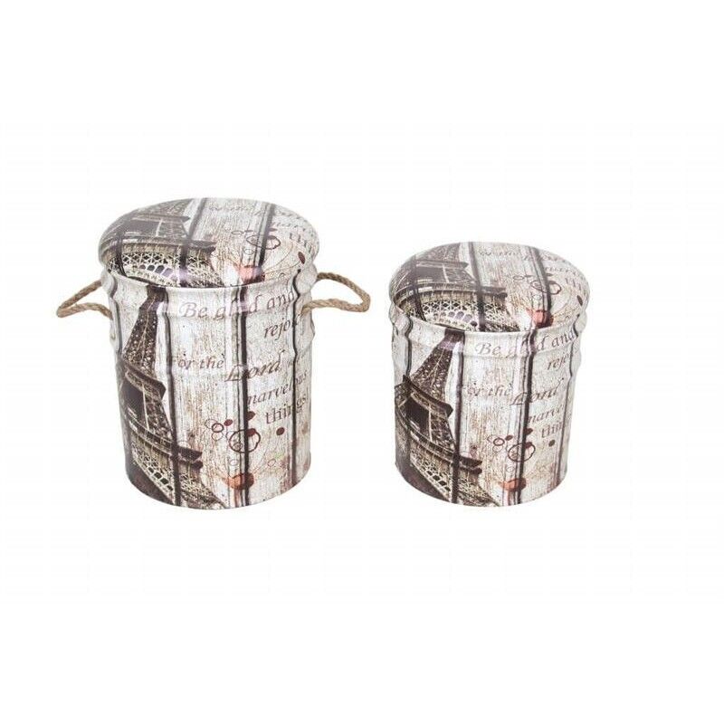SET DI 2 POUF CONTENITORE TONDI MULTIFUNZIONALI CON STAMPA TORRE EIFFEL