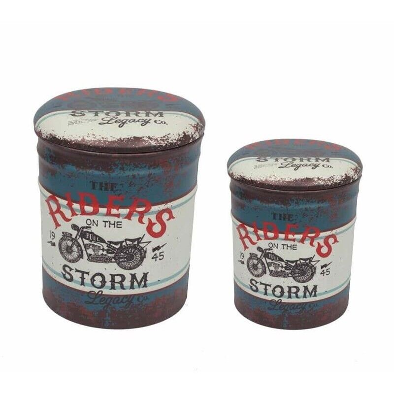 SET DI 2 POUF CONTENITORE TONDI MULTIFUNZIONALI CON STAMPA MOTO BLU