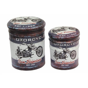 SET DI 2 POUF CONTENITORE TONDI MULTIFUNZIONALI CON STAMPA MOTO GRIGIO SCURO