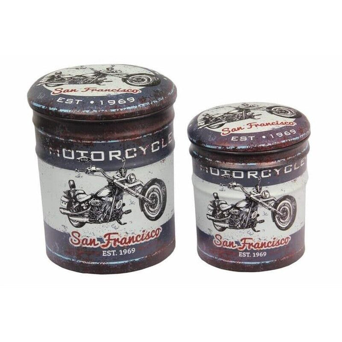 SET DI 2 POUF CONTENITORE TONDI MULTIFUNZIONALI CON STAMPA MOTO GRIGIO SCURO