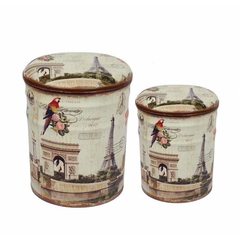 SET DI 2 POUF CONTENITORE TONDI MULTIFUNZIONALI CON STAMPA PARIGI