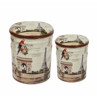 SET DI 2 POUF CONTENITORE TONDI MULTIFUNZIONALI CON STAMPA PARIGI