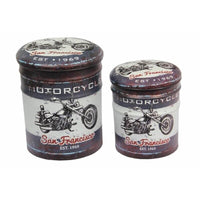 SET DI 2 POUF CONTENITORE TONDI MULTIFUNZIONALI CON STAMPA MOTO GRIGIO SCURO