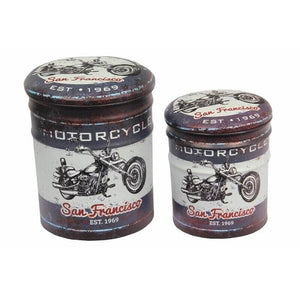 SET DI 2 POUF CONTENITORE TONDI MULTIFUNZIONALI CON STAMPA MOTO GRIGIO SCURO