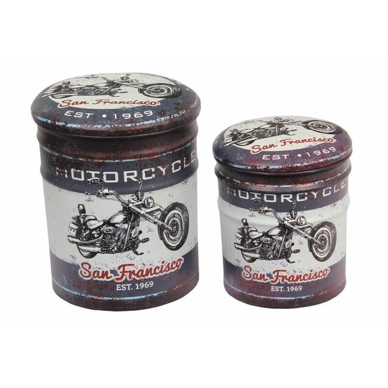 SET DI 2 POUF CONTENITORE TONDI MULTIFUNZIONALI CON STAMPA MOTO GRIGIO SCURO