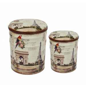 SET DI 2 POUF CONTENITORE TONDI MULTIFUNZIONALI CON STAMPA PARIGI