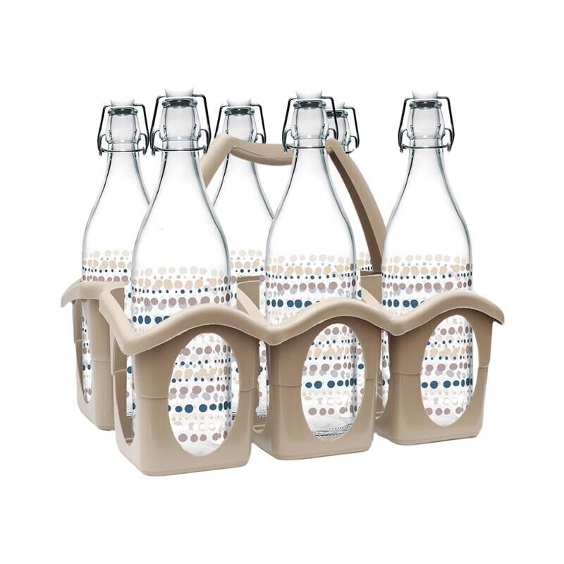 SET PORTA BOTTIGLIE IN PLASTICA + 6 BOTTIGLIE IN VETRO DA 1 LT
