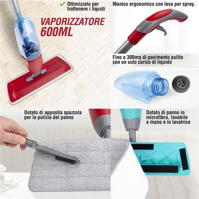 MAURY'S SPRAY MOP VAPORIZZATORE 600ML CON 3 RICAMBI DI PANNO IN MICROFIBRA
