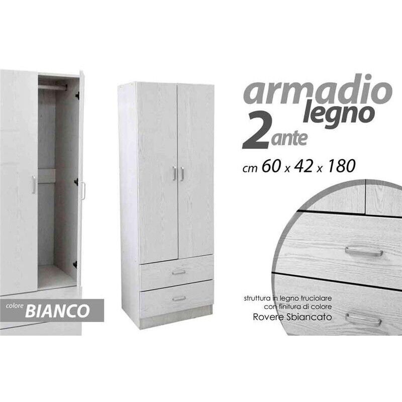 ARMADIO 2 ANTE 2 CASSETTI LEGNO TRUCIOLARE BIANCO 60 X 42 X 180 CM