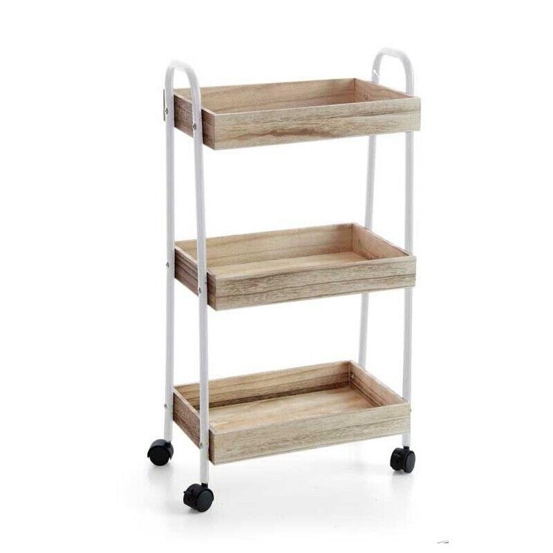 ADY CARRELLO IN LEGNO A 3 RIPIANI CON STRUTTURA BIANCA 43 X 25 X H79 CM