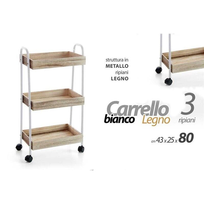 ADY CARRELLO IN LEGNO A 3 RIPIANI CON STRUTTURA BIANCA 43 X 25 X H79 CM