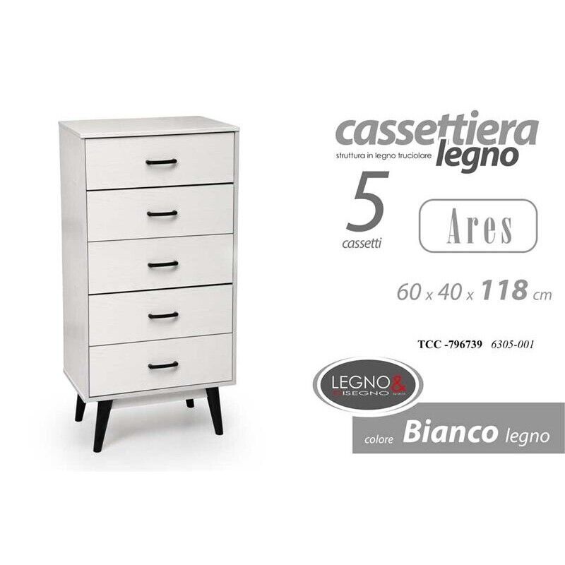 ARES CASSETTIERA IN LEGNO TRUCIOLARE CON 5 CASSETTI 60 X 40 XH118CM BIANCO