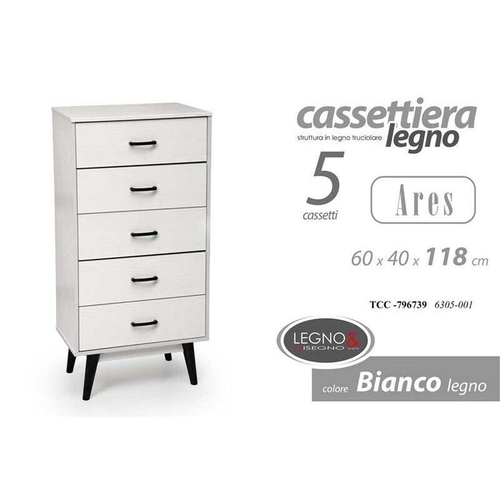 ARES CASSETTIERA IN LEGNO TRUCIOLARE CON 5 CASSETTI 60 X 40 XH118CM BIANCO