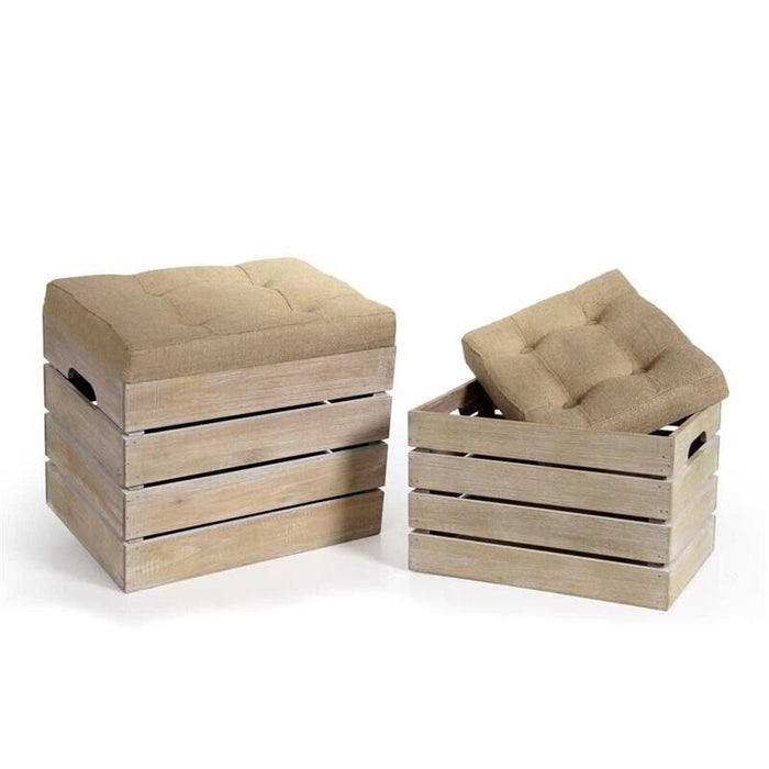 SET 2 POUF CONTENITORI CASSETTE IN LEGNO DI FORMA RETTANGOLARE