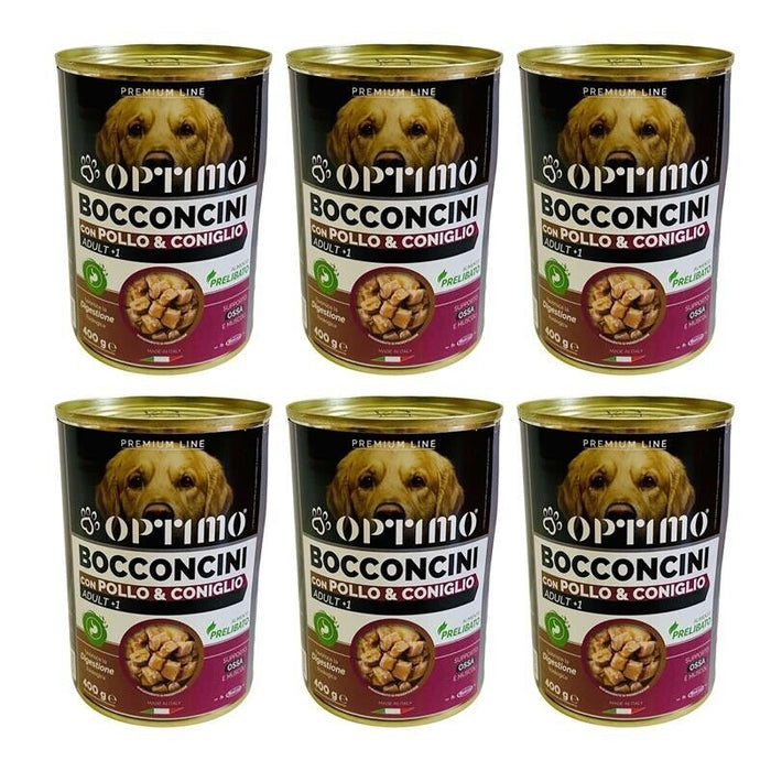 KIT SET 6 PZ OPTIMO BOCCONCINI PER CANE AL GUSTO POLLO E CONIGLIO DA 400 GR