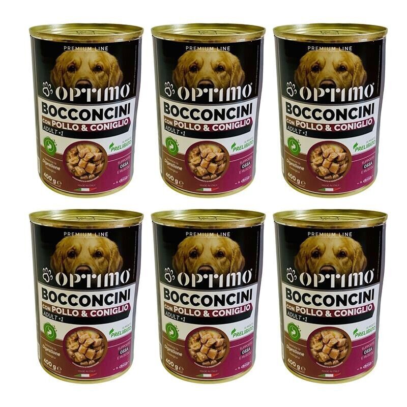 KIT SET 6 PZ OPTIMO BOCCONCINI PER CANE AL GUSTO POLLO E CONIGLIO DA 400 GR