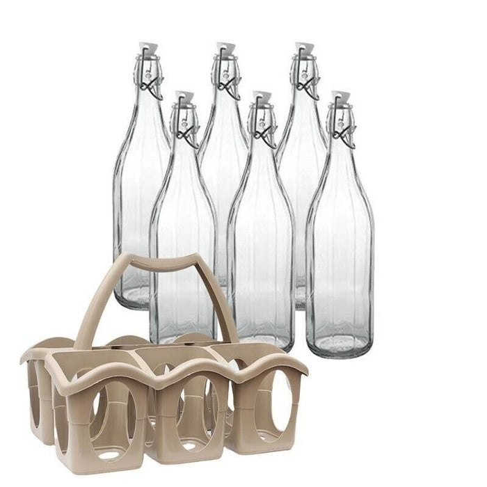 SET PORTA BOTTIGLIE IN PLASTICA + 6 BOTTIGLIE IN VETRO DA 1 LT