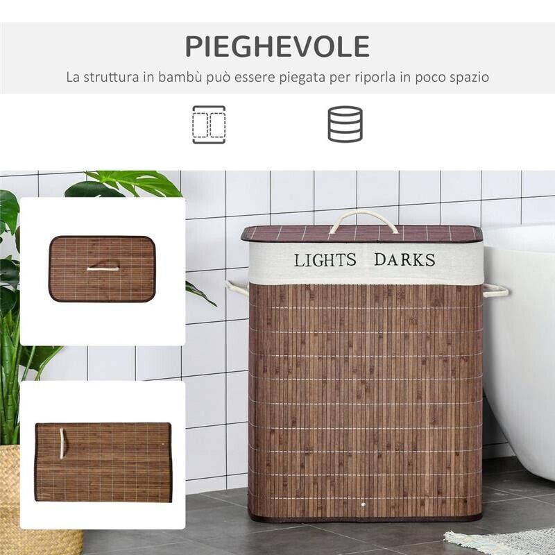 CESTO PER BIANCHERIA IN BAMBÙ DA 100 LT CON 2 SCOMPARTI + COPERCHIO E MANIGLIE COLOR MARRONE