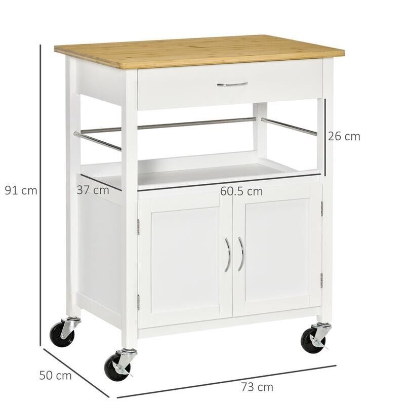 CARRELLO DA CUCINA CON PIANO IN BAMBÙ ANTE E CASSETTO 73X50X91 CM BIANCO
