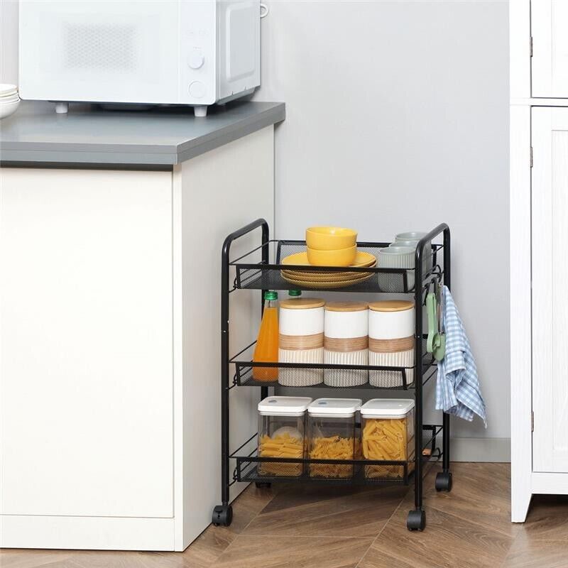 CARRELLO DA CUCINA A 3 LIVELLI CON CESTI REMOVIBILI 41.5LX26.5X63CM ACCIAIO NERO