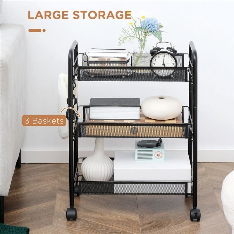 CARRELLO DA CUCINA A 3 LIVELLI CON CESTI REMOVIBILI 41.5LX26.5X63CM ACCIAIO NERO