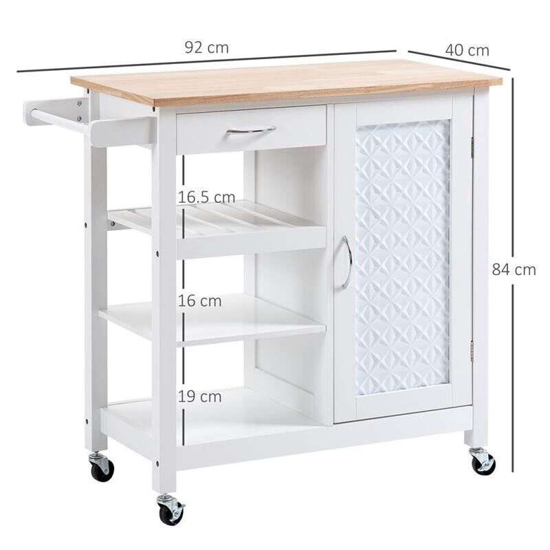 CARRELLO DA CUCINA CON CASSETTO ANTA E RIPIANO A 3 LIVELLI 92X40X84CM BIANCO